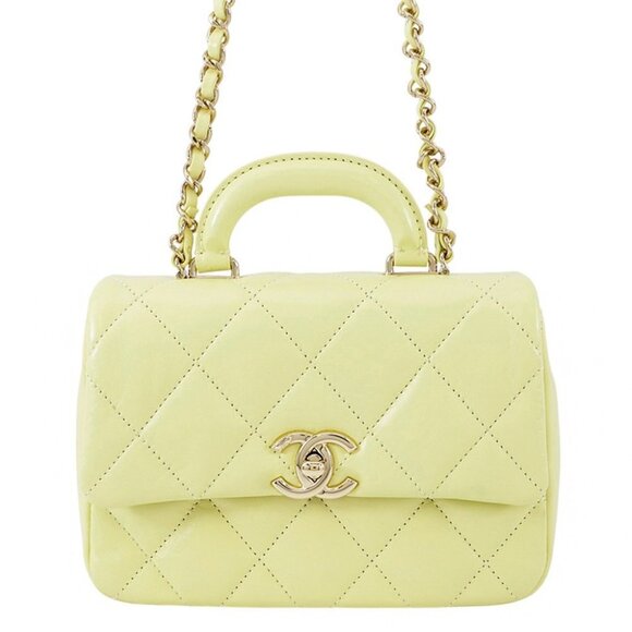 CHANEL Top handle Matelasse Shoulder Size Mini Shiny Calf Leather Yellow AS4543 - Picture 1 of 14